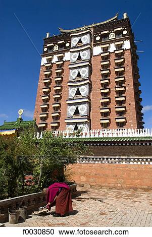 Stock Image - China, Gansu, Gannan, Hézuo, Serkhar Guthog Tibetan Buddhist monastery, Milarepa's tower. Fotosearch