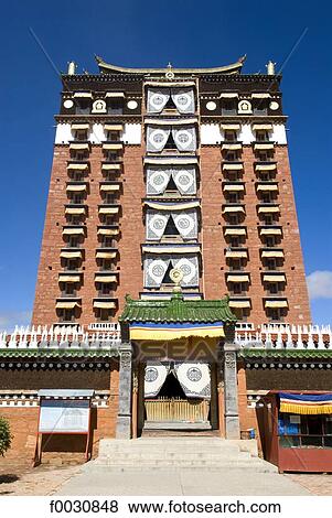 Stock Photo - China, Gansu, Gannan, Hézuo, Serkhar Guthog Tibetan Buddhist monastery, Milarepa's tower. Fotosearch