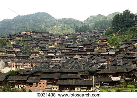 Stock Photo - China, Guizhou, Xijiang village, general view. Fotosearch