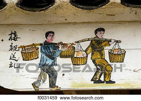 Stock Photo - China, Guizhou, Zhaoxing village, detail of a painting, Dong traditional scenes. Fotosearch