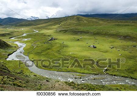 Stock Photograph - China, Qinghai, eastern landscape, river. Fotosearch
