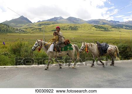 Stock Image - China, Sichuan, Tibetan nomads riding. Fotosearch