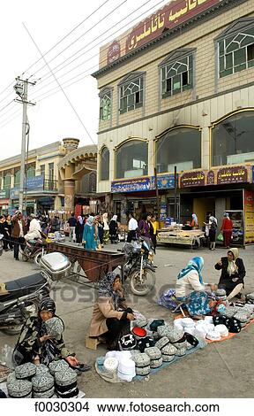 China, Xinjiang, kashgar, commercial street, traditional hats on sale View Large Photo Image Picture - China, Xinjiang, kashgar, commercial street, traditional hats on sale. Fotosearch