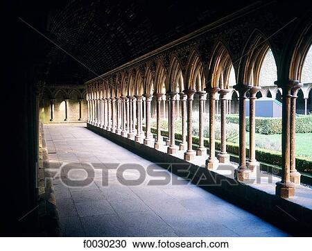 Stock Image - France, Normandy, Mont Saint-Michel, the abbey cloister. Fotosearch