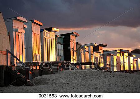 Stock Image - France, Pas-de-Calais, Opal Coast, Sangatte, cabins of Bleriot beach. Fotosearch