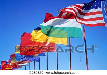 Stock Image - Italy, Venice, Lido island, during the film festival, international flags. Fotosearch