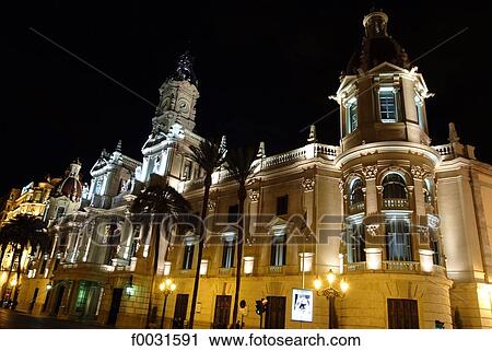 Spain, Valencia, plazza Ayuntamiento, town hall by night View Large Photo Image Stock Image - Spain, Valencia, plazza Ayuntamiento, town hall by night. Fotosearch