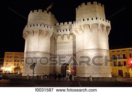 Spain, Valencia, Torres de Serranos (Serranos towers) by night View Large Photo Image Stock Photo - Spain, Valencia, Torres de Serranos (Serranos towers) by night. Fotosearch