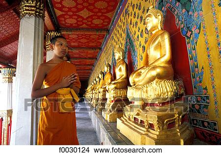 Picture - Thailand, Bangkok, Wat Arun temple, young Buddhist probationer monk at prayer by a Buddhas statues row. Fotosearch