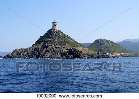 Stock Image - France, Corsica, the Sanguinaires islands, Castelluccio tower.. Fotosearch