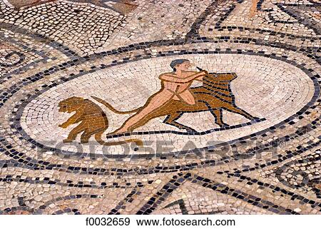 Morocco, Volubilis, detail of a mosaic, labours of Hercules house View Large Photo Image Stock Photo - Morocco, Volubilis, detail of a mosaic, labours of Hercules house. Fotosearch