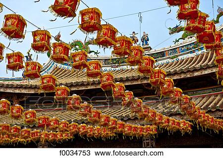Stock Image - China, Taiwan, temple of Taichung, paper lantern. Fotosearch