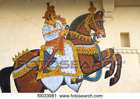 Stock Image - India, Rajasthan, Udaipur, city palace, painting. Fotosearch