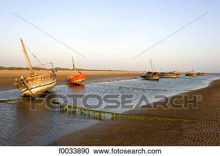 Stock Image - India, state of Gujerat, Kutch, Mandvi, fish boats. Fotosearch