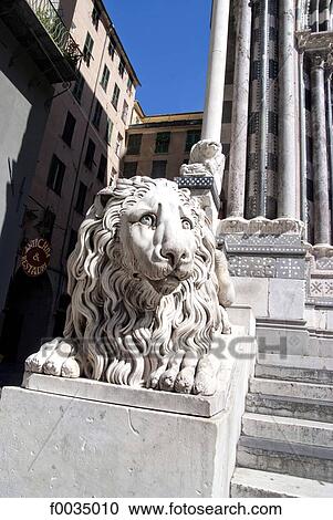 Stock Image - Italy, Liguria, Genoa, duomo di San Lorenzo, statue of a lion. Fotosearch