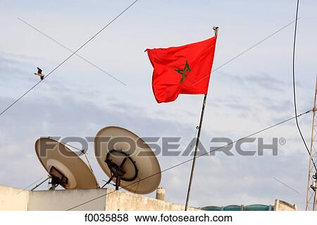 Morocco, Agadir, flag and satellite dish View Large Photo Image Stock Photo - Morocco, Agadir, flag and satellite dish. Fotosearch