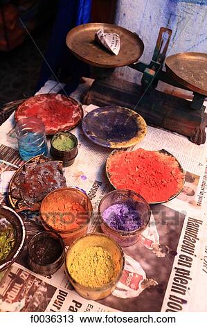 Stock Image - Morocco, Marrakech, souk, dry cleaners, pigments. Fotosearch