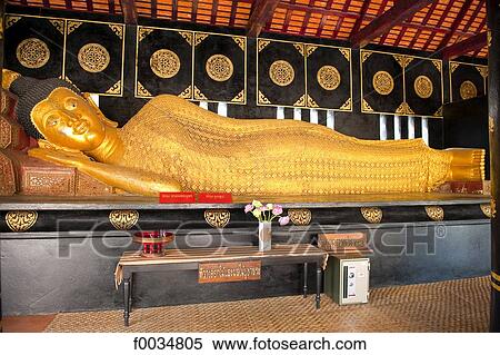 Stock Photography - Thailand, Chiang Mai, Wat Chedi Luang temple, reclining Buddha. Fotosearch