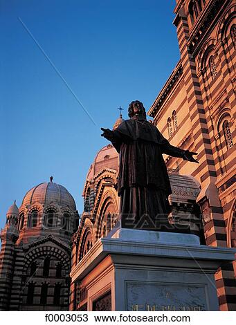 Stock Image - France, Marseilles, the Major Cathedral and the statue of His Lordship of Belzunce. Fotosearch