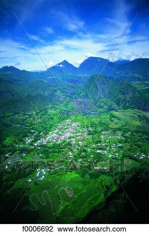 Stock Image - Reunion, Aerial view of a village. Fotosearch