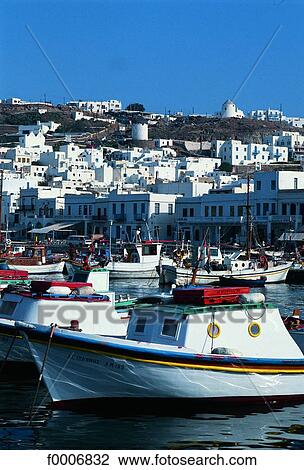 Greece, Mykonos, view of harbour View Large Photo Image Stock Image - Greece, Mykonos, view of harbour. Fotosearch