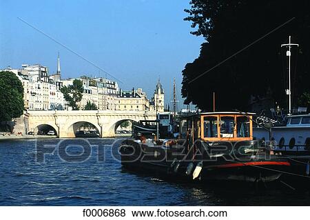Stock Photo - France, Paris, Barge on the Seine River. Fotosearch