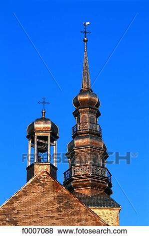 Stock Photo - France, Alps, Megeve, church tower. Fotosearch