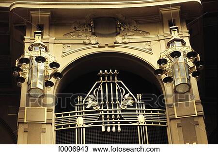 Stock Image - Prague, The Municipal House, Art Nouveau architecture detail. Fotosearch