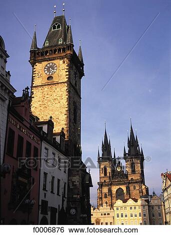 Prague, The Tyn cathedral and the City Hall tower View Large Photo Image Stock Photograph - Prague, The Tyn cathedral and the City Hall tower. Fotosearch