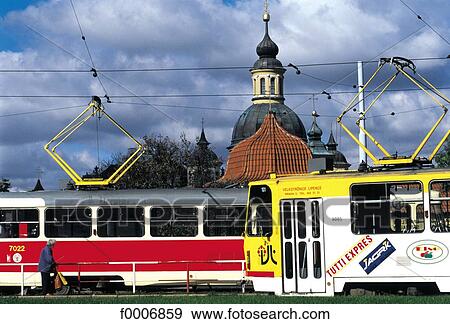 Prague, Tramways and baroque dome View Large Photo Image Stock Photo - Prague, Tramways and baroque dome. Fotosearch
