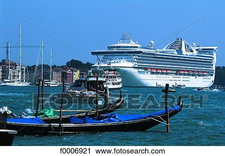 Italy, Venice, Gondolas and liner View Large Photo Image Stock Image - Italy, Venice, Gondolas and liner. Fotosearch