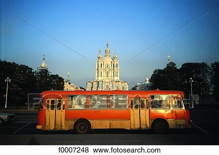 Russia, Saint Petersburg, Bus in front of Smolny Monastery View Large Photo Image Stock Photo - Russia, Saint Petersburg, Bus in front of Smolny Monastery. Fotosearch