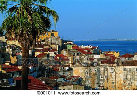 Portugal, Lisbon, Alfama neighborhood and sea View Large Photo Image Stock Image - Portugal, Lisbon, Alfama neighborhood and sea. Fotosearch