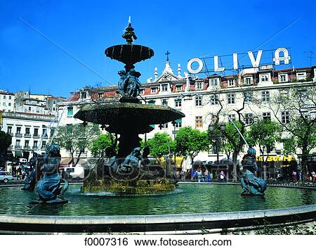 Portugal, Lisbon, Fountain on Rossio Square View Large Photo Image Stock Photograph - Portugal, Lisbon, Fountain on Rossio Square. Fotosearch