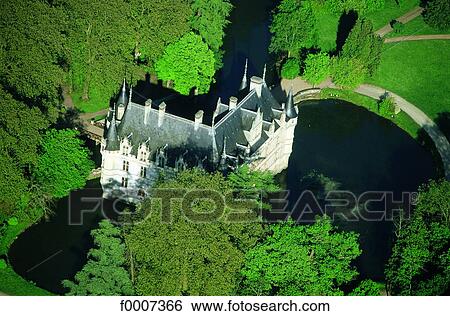 Stock Photograph - France, Loire valley, Azay le Rideau castle, aerial view. Fotosearch
