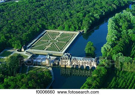 Stock Image - France, Loire valley, Chenonceau castle, aerial view. Fotosearch