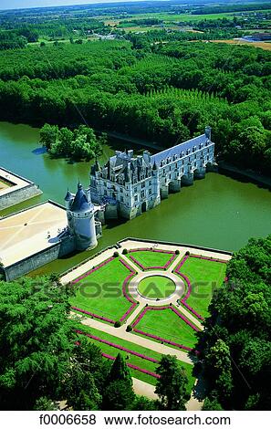 Stock Photo - France, Loire valley, Chenonceau castle, aerial view. Fotosearch