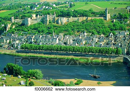 Stock Image - France, Loire valley, Chinon castle, vines, aerial view. Fotosearch