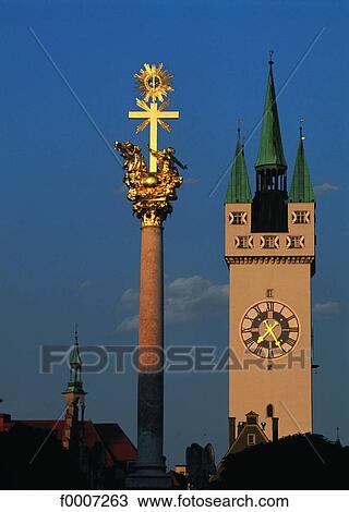 Stock Image - Germany, Straubing, Trinity column and Stadtturm. Fotosearch