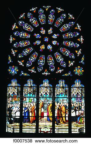 Stock Photo - France, Brittany, Fo‘lgoët church, stained-glass window. Fotosearch
