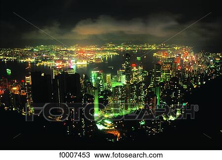 Stock Image - China, Hong Kong, city by night, view from cable-carl. Fotosearch