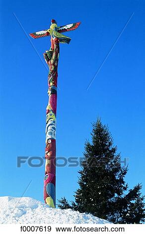 Quebec, totem in Huron reservation View Large Photo Image Stock Photo - Quebec, totem in Huron reservation. Fotosearch