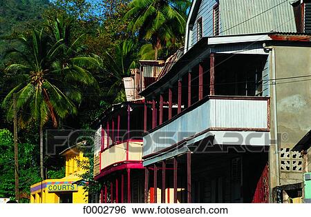 Stock Photograph - Saint Lucie, volcano of la Soufriere, colonial buildings. Fotosearch