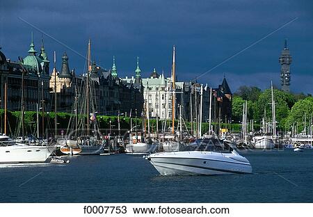 Stock Image - Sweden, Stockholm, Differents boats navigating. Fotosearch