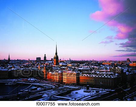 Stock Photography - Sweden, Stockholm, View of Gamla Stan in the winter. Fotosearch