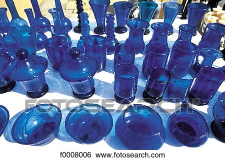 Stock Photograph - Egypt, Aswan, blue Nubian glass artefacts. Fotosearch