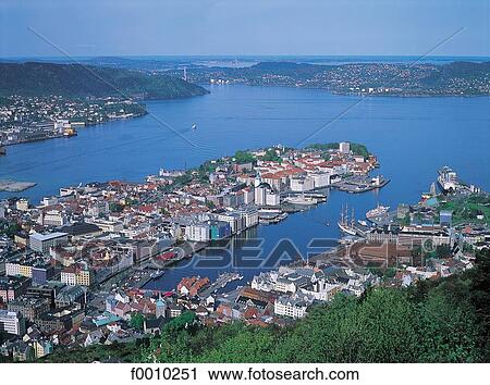 Stock Image - Bergen fjord, elevated view on city. Fotosearch
