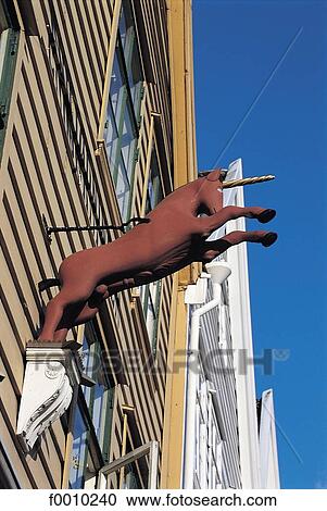 Stock Image - Bergen, hanseatic quarter, old unicorn sign. Fotosearch