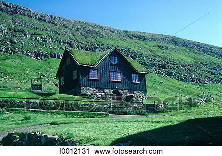 Stock Image - Denmark, Faroe Islands, Streymoy, country house at Kirkjubons. Fotosearch