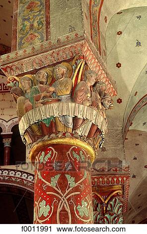 Stock Image - Auvergne, Issoire, St Austremoine abbey, the Last Supper on a pillar. Fotosearch